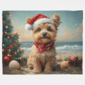 ヨーキポドッグクリスマスヴィンテージビーチ フリースブランケット (正面(横))