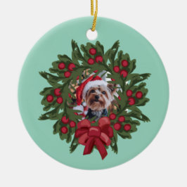 ヨーキーのリースのクリスマスオーナメント セラミックオーナメント