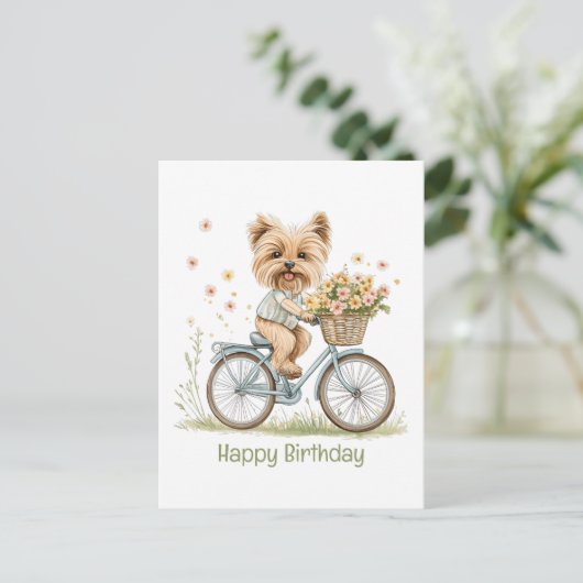 ヨーキーの犬と一緒に自転車でお誕生日おめでとう春の花 ポストカード (スタンド正面)