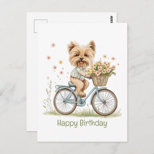 ヨーキーの犬と一緒に自転車でお誕生日おめでとう春の花 ポストカード (正面/裏面)
