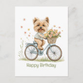 ヨーキーの犬と一緒に自転車でお誕生日おめでとう春の花 ポストカード (正面)