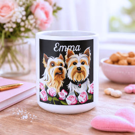 ヨーキーズとバラのモノグラム コーヒーマグカップ