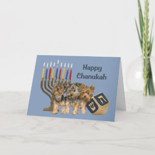 ヨークシャテリアのハヌカー(ユダヤ教の祭り)カード(ユダヤ教)メノラーDreidel シーズンカード
