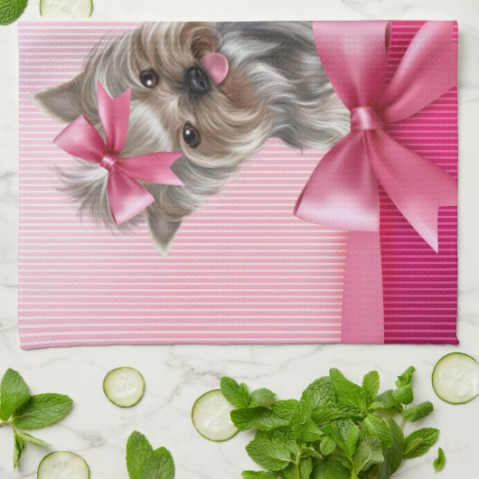 ヨークシャテリアのピンクのプリンセスのヨークシャーテリアの小犬 キッチンタオル (折り畳み)