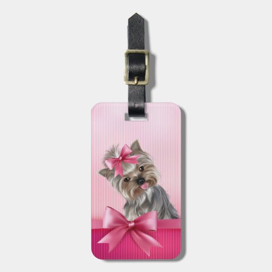 ヨークシャテリアのピンクのプリンセスのヨークシャーテリアの小犬 ラゲッジタグ (正面縦)