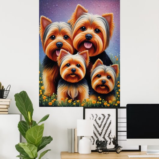 ヨークシャテリアの子犬一家のカラフルな肖像 ポスター (ホームオフィス)