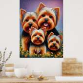 ヨークシャテリアの子犬一家のカラフルな肖像 ポスター (キッチン)