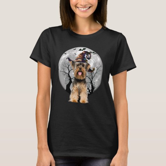ヨークシャテリアの犬と月のハロウィンコスチュームD Tシャツ (正面)
