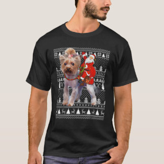 ヨークシャテリア好きのためのおもしろいクリスマスパパ サンタに跨がるヨークシャテリア Tシャツ