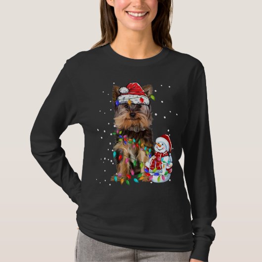 ヨークシャテリア クリスマス サンタ帽子 Xmasライト Tシャツ (正面)