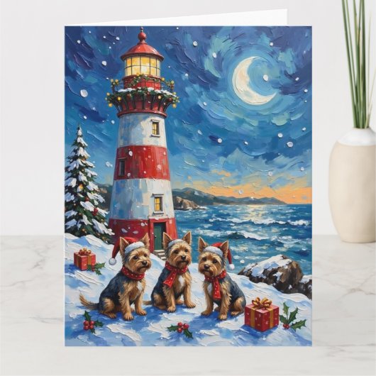 ヨークシャテリア クリスマス ighthouse ホリデー カード (正面)