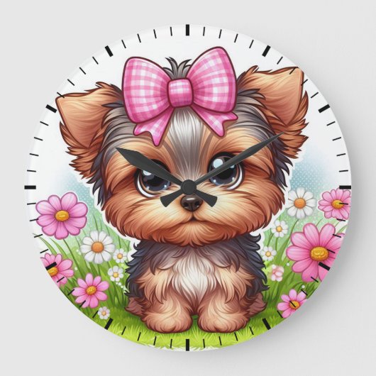 ヨークシャーの子犬 ラージ壁時計 (正面)