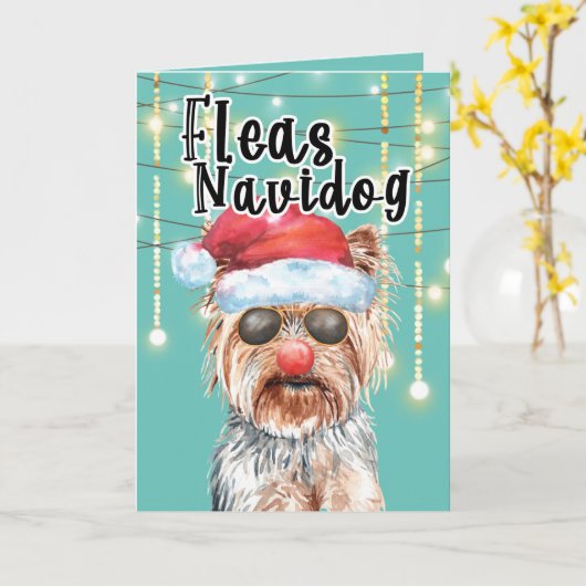 ヨークシャーテリアおもしろい・サンタが明るく楽しい休日を過ごす カード (黄色い花)