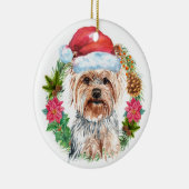 ヨークシャーテリアかわいい水色サンタリースハットアート セラミックオーナメント (右)