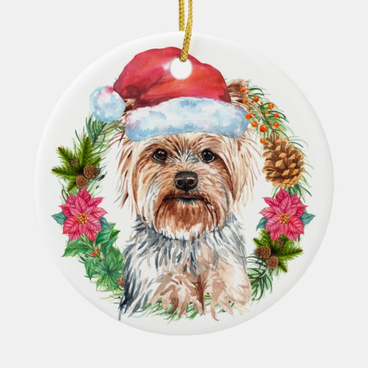 ヨークシャーテリアかわいい水色サンタリースハットアート セラミックオーナメント (正面)