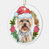 ヨークシャーテリアかわいい水色サンタリースハットアート セラミックオーナメント (左)