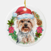 ヨークシャーテリアかわいい水色サンタリースハットアート セラミックオーナメント (裏面)