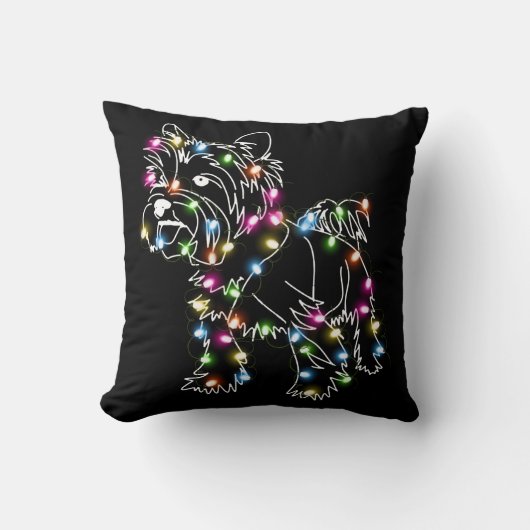 ヨークシャーテリアとクリスマスライトヨークシャーテリアオーナーかわいいクリスマス クッション (正面)