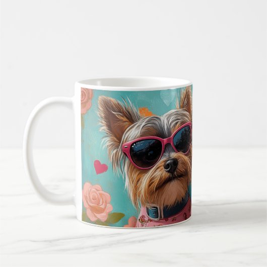 ヨークシャーテリアとハートバラバレンタインデー コーヒーマグカップ (左)