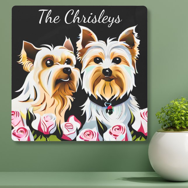 ヨークシャーテリアとピンクローズの署名 メタルプリント (クリエイターアップロード済み)