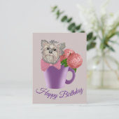 ヨークシャーテリアと花ハッピーバースデー ポストカード (スタンド正面)