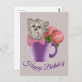 ヨークシャーテリアと花ハッピーバースデー ポストカード (正面/裏面)