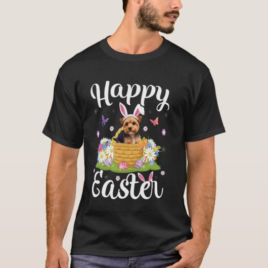 ヨークシャーテリアのイースターエッグハントとウサギ Tシャツ (正面)