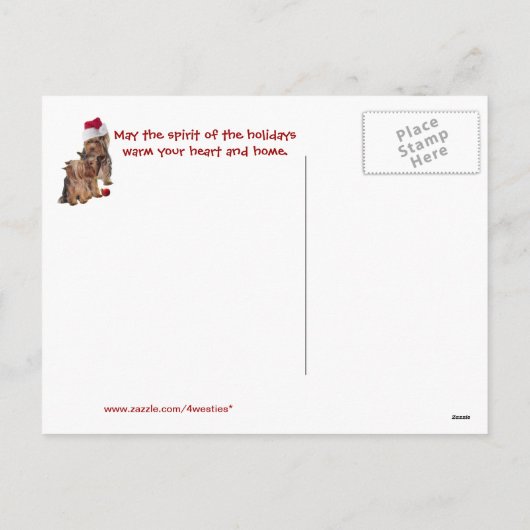ヨークシャーテリアのクリスマスの子犬は郵便はがきを抱き締め、接吻します シーズンポストカード (裏面)