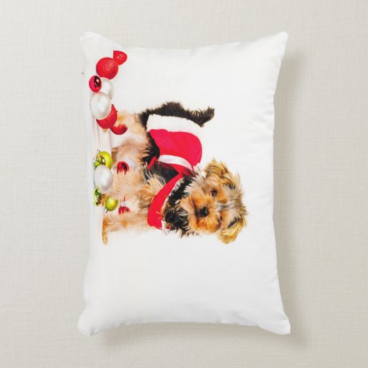 ヨークシャーテリアのクリスマスの枕 アクセントクッション (正面(垂直))