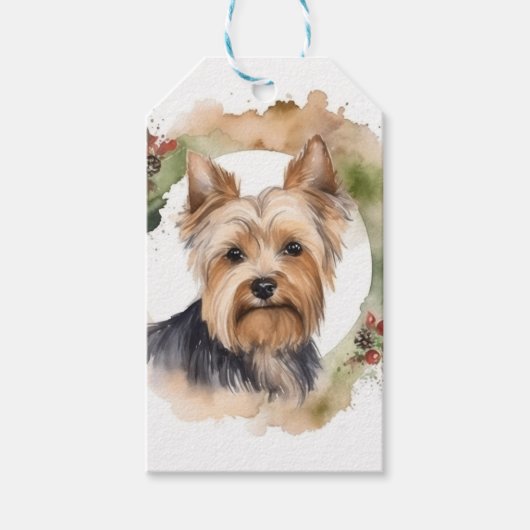ヨークシャーテリアのクリスマスリースの愛らしい犬 ギフトタグ (正面)