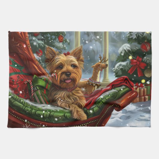 ヨークシャーテリアのクリスマス キッチンタオル (横)