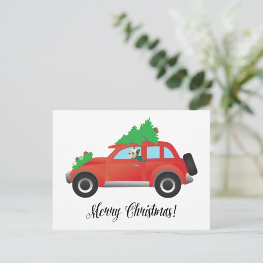 ヨークシャーテリアのテリア犬がクリスマスカーを運転 シーズンポストカード (スタンド正面)