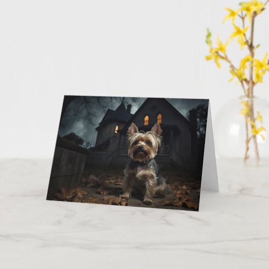 ヨークシャーテリアのハロウィン スケアリー カード (黄色い花)