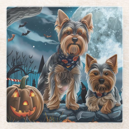 ヨークシャーテリアのハロウィーン スプーキー ガラスコースター (正面)