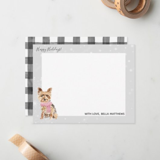 ヨークシャーテリアのホリデー・クリスマス ノートカード (正面/裏面インサイチュ)