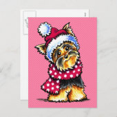 ヨークシャーテリアの冬のスカーフの水玉模様 シーズンポストカード (正面/裏面)