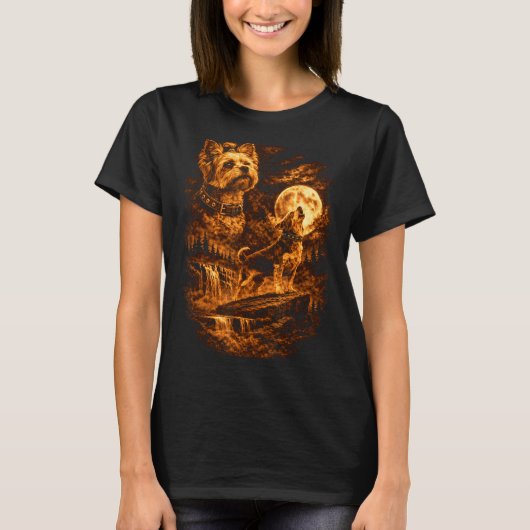 ヨークシャーテリアの吠える月 ヨーキー 犬 ファンタジー Tシャツ (正面)