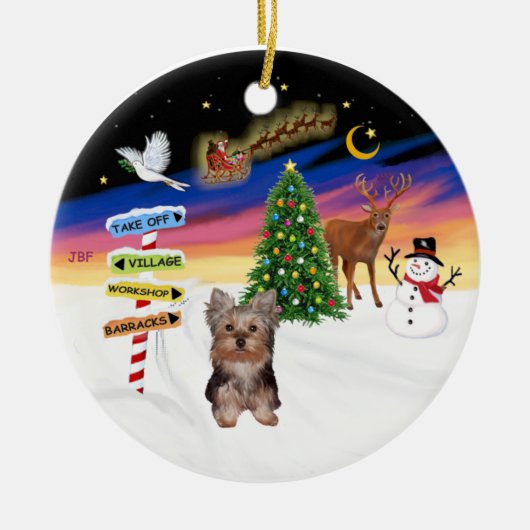 ヨークシャーテリアの子犬のクリスマス看板 セラミックオーナメント (正面)