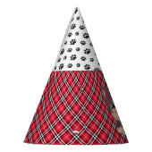 ヨークシャーテリアの小犬の赤い格子縞の誕生会の帽子 パーティーハット (左)