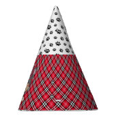 ヨークシャーテリアの小犬の赤い格子縞の誕生会の帽子 パーティーハット (右)