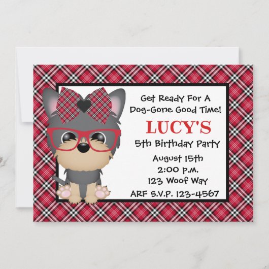 ヨークシャーテリアの小犬の赤のバースデーパーティ招待状 招待状 (正面)
