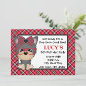 ヨークシャーテリアの小犬の赤のバースデーパーティ招待状 招待状 (スタンド正面)