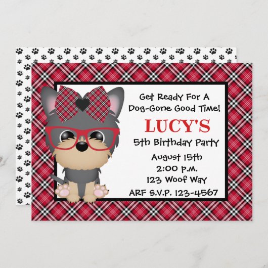 ヨークシャーテリアの小犬の赤のバースデーパーティ招待状 招待状 (正面/裏面)