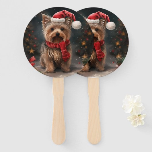ヨークシャーテリアの犬のクリスマススノー ハンドファン (正面&裏面)