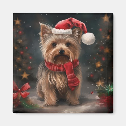 ヨークシャーテリアの犬のクリスマススノー マグネット (正面)