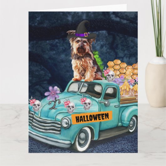 ヨークシャーテリアの犬 ハロウィントラック 怖い夜 カード (正面)
