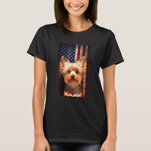 ヨークシャーテリアアメリカ国旗アメリカ愛国犬 Tシャツ (正面)