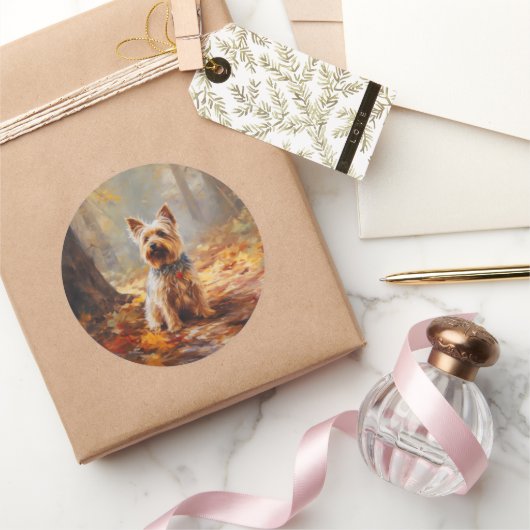 ヨークシャーテリアイン紅葉秋インスパイア ラウンドシール (ギフト)