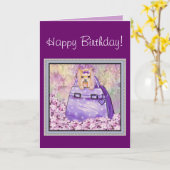 ヨークシャーテリアインLilacs誕生日カード カード (黄色い花)