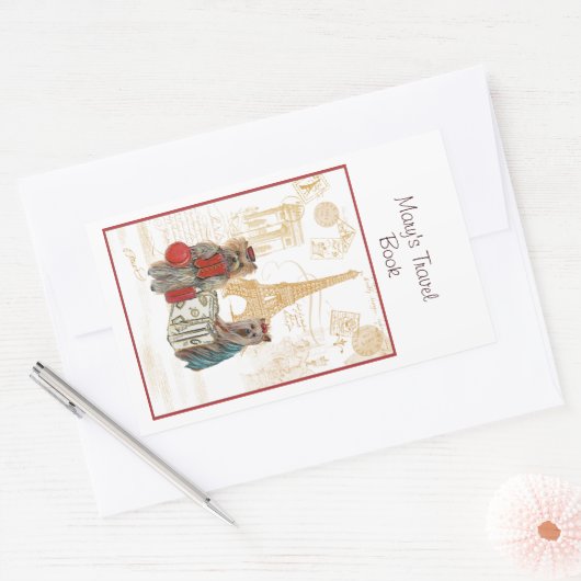 ヨークシャーテリアエッフェルタワーパリブックプレートシール 長方形シール (封筒)